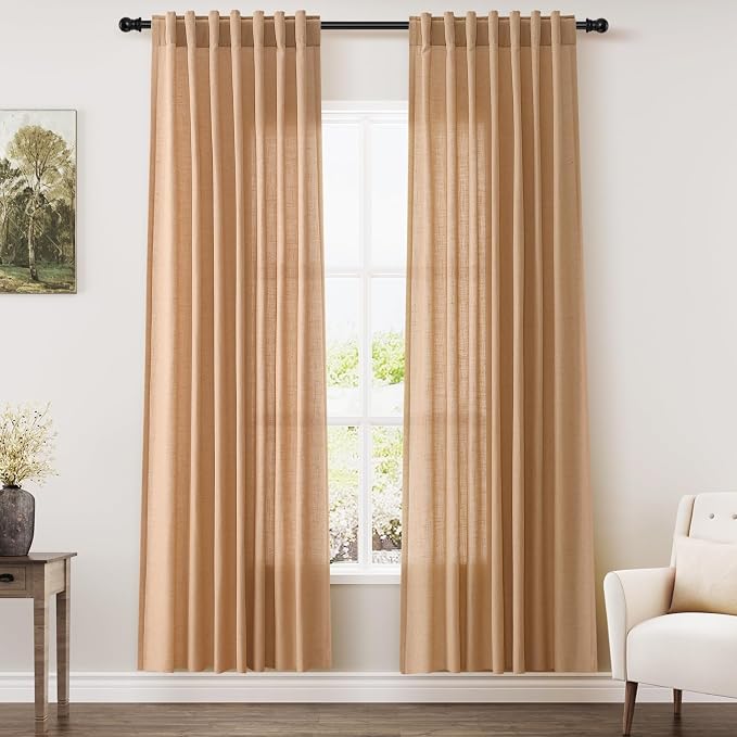 Camel Linen Semi Sheer Curtains 72 Inches Long 2 Panels Set by Nanspring
