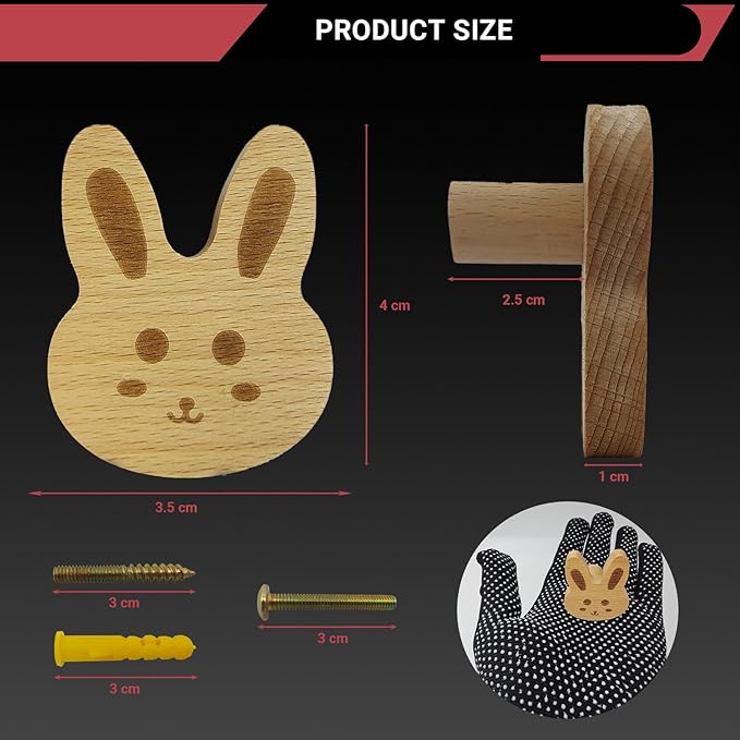 4PCS Wooden Rabbit Shaped Cabinet Knobs, Cabinet Handles, Single Hole Beech Wood Handles, Wood Hooks with Full Set of Screw Accessories