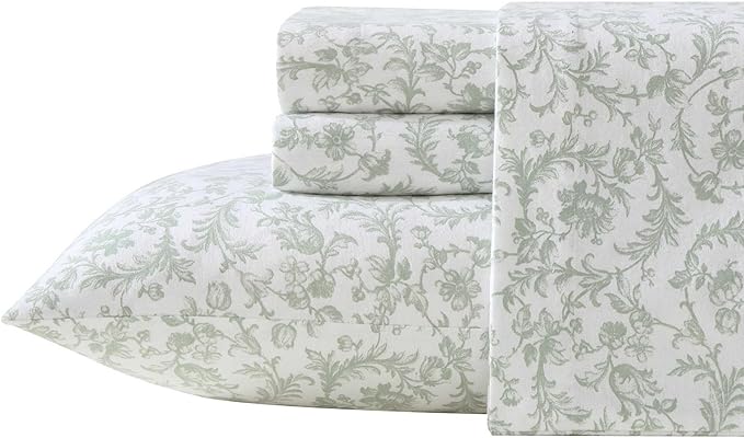 Laura Ashley - Flannel Sheets Twin Size, Anti-Pilling & Wrinkle Resistant Cotton, Touchably Soft for All-Season Comfort - Bed Sheets with Matching Pillowcase & Fitted Sheet (Brinna Green)
