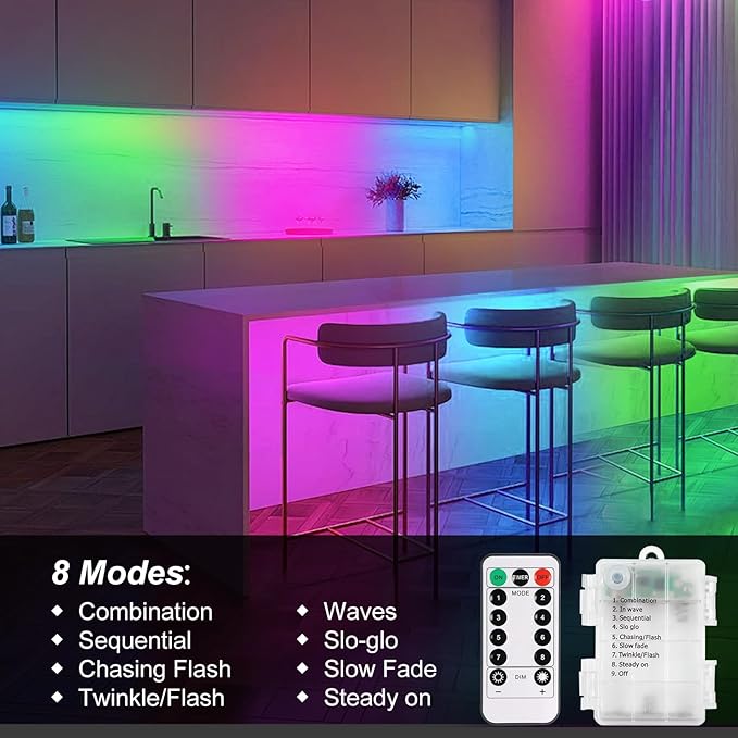 LED Strip Lights Battery Operated, 9.8ft 90 LED Strip Lights with Remote Timer Dimmable, Waterproof Flexible Lights for Indoor Outdoor TV Table Bedroom Boat Kitchen (Multicolor)