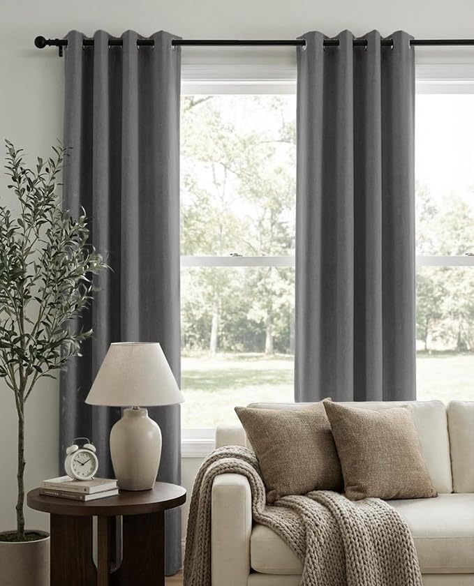 100% Blackout Linen Textured Curtains 84 Inch Long, Dark Gray | 100% Blackout - Image 2