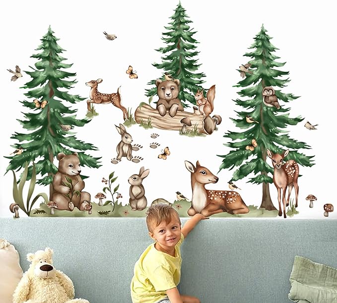 Jungle Animal Wall Stickers Forest Safari Wall Decals Kid Room Nursery Baby Bedroom Décor (Cedar Tree Animals)