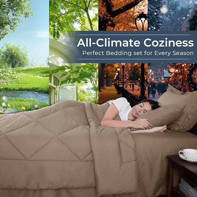 HEVUMYI Khaki Twin Comforter Set - 5-Piece All Season Bed in a Bag Twin, Ultra Soft Bedding Set with Comforter, Flat Sheet, Fitted Sheet, Pillowcases, Pillow Shams