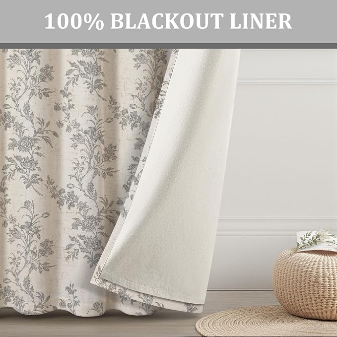 Grey Boho Floral 100% Blackout Curtains 84 Inch 2 Panels | Farmhouse Vintage - Image 4