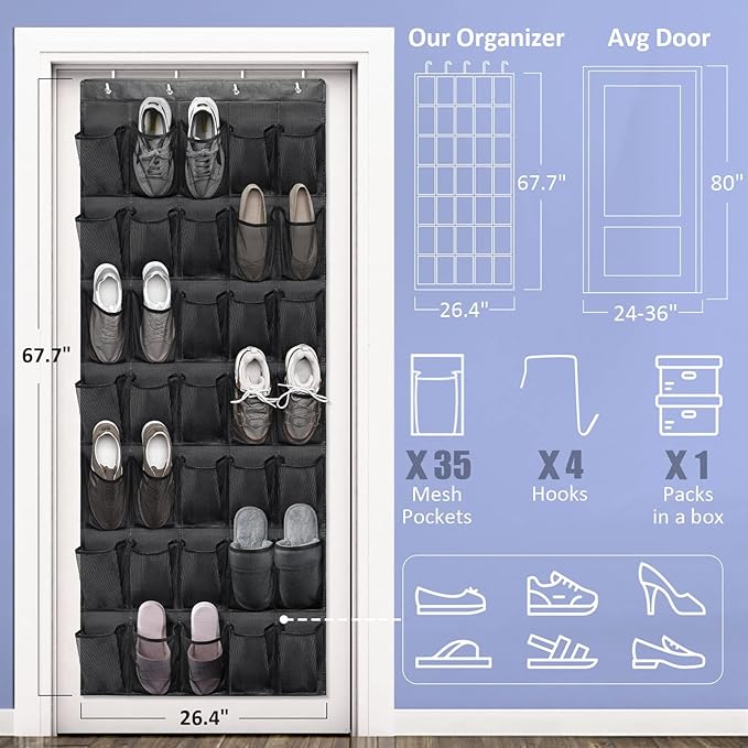 Tiblue Over The Door Shoe Organizers 35 Mesh Pockets Hanging Shoe Organizer Shoe Rack For Closet Entryway Bedroom Bathroom Pantry Shoe Holder, Men Sneakers, Women High Heeled Shoes, Flip Flops Black
