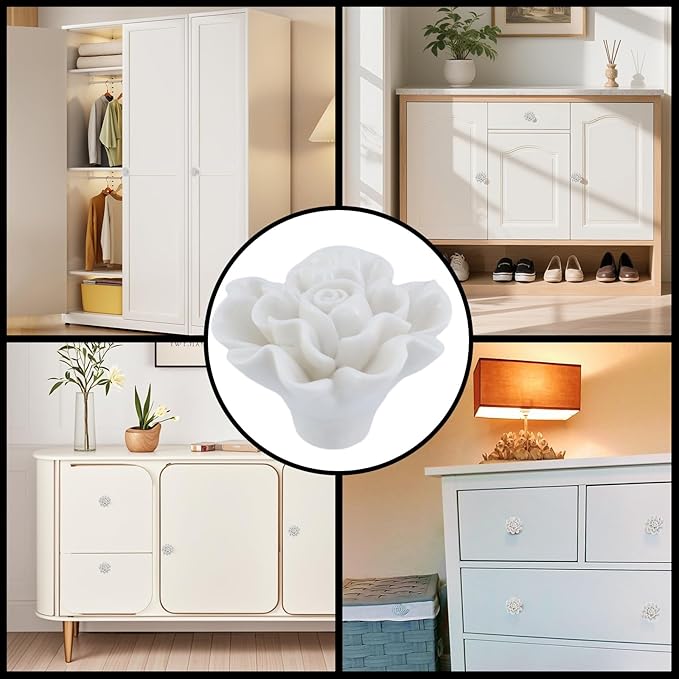 4PCS 1.57" × 1.14" Ceramics White Rose Knobs Flower Shaped Drawer Pulls for Cupboard with 2 Kinds of Screws