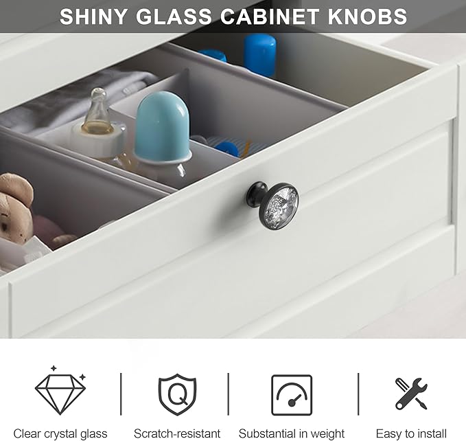Alzassbg 6 Pack Clear Crystal with Matt Black Base Cabinet Knobs, 1-3/8 Inch (35mm) Diameter Cabinet Hardware Round Crystal Knobs for Drawers AL1011MB