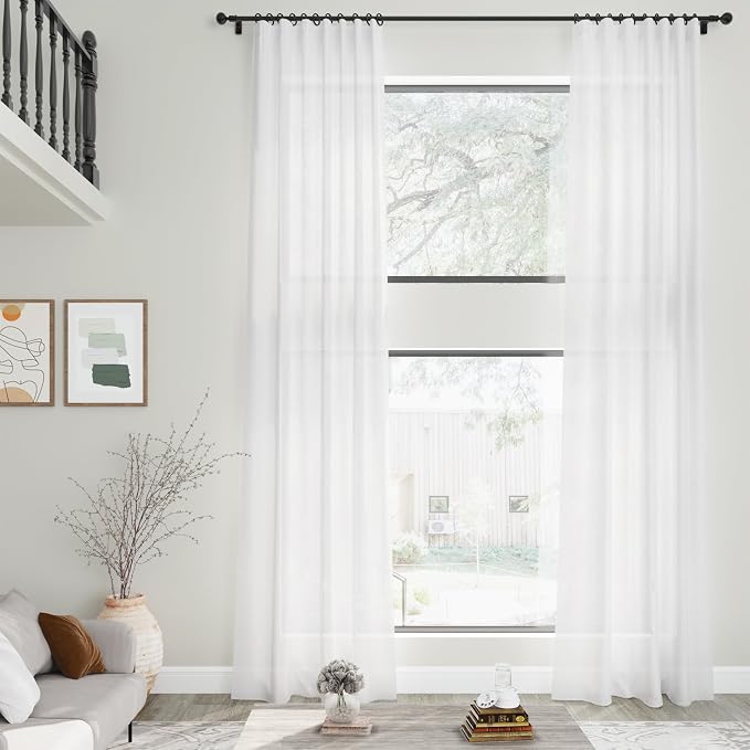 White Linen Extra Long Curtains 121 Inches Long 2 Panels Set Back Tab Curtains - Image 2