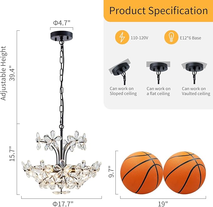 WUZUPS Crystal Chandelier Pendant Flushmount Ceiling Light Modern Lighting Fixture for Bedroom Hallway Bar Kitchen Bathroom, H 15.7" x W 17.7", Black, E12 Base
