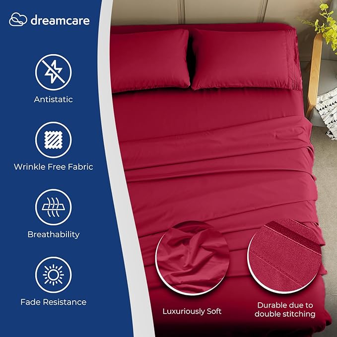 DREAMCARE King Size Sheets Set – 4 pcs Cooling Sheets – up to 21” Deep Pocket King Sheet Set – Hotel Luxury Sheets & Pillowcases – Superior Softness 100% Fine Microfiber with Side Pocket – Burgundy