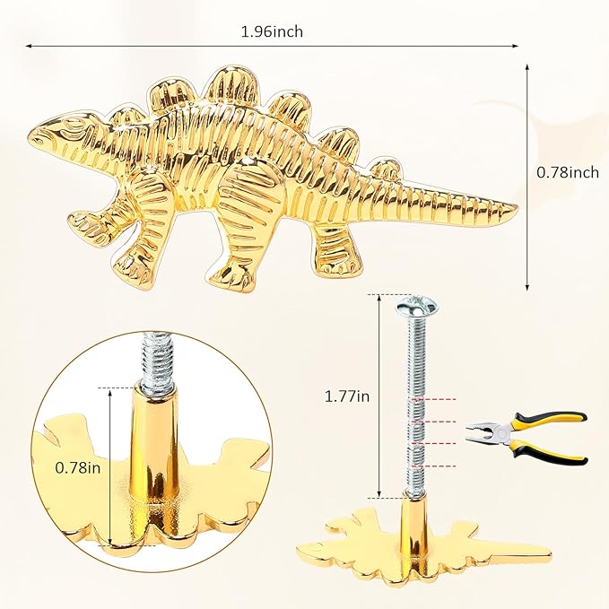 8 Pack Metal Dinosaur Knobs for Kids Furniture - Stego Style Gold Finish Drawer Pulls & Cabinet Handles, Scratch-Resistant (Stegosaurus)