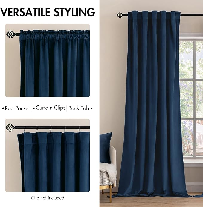 MIULEE Navy Blue Velvet Curtains 52x90 inches Luxury Blackout Curtains | - Image 2