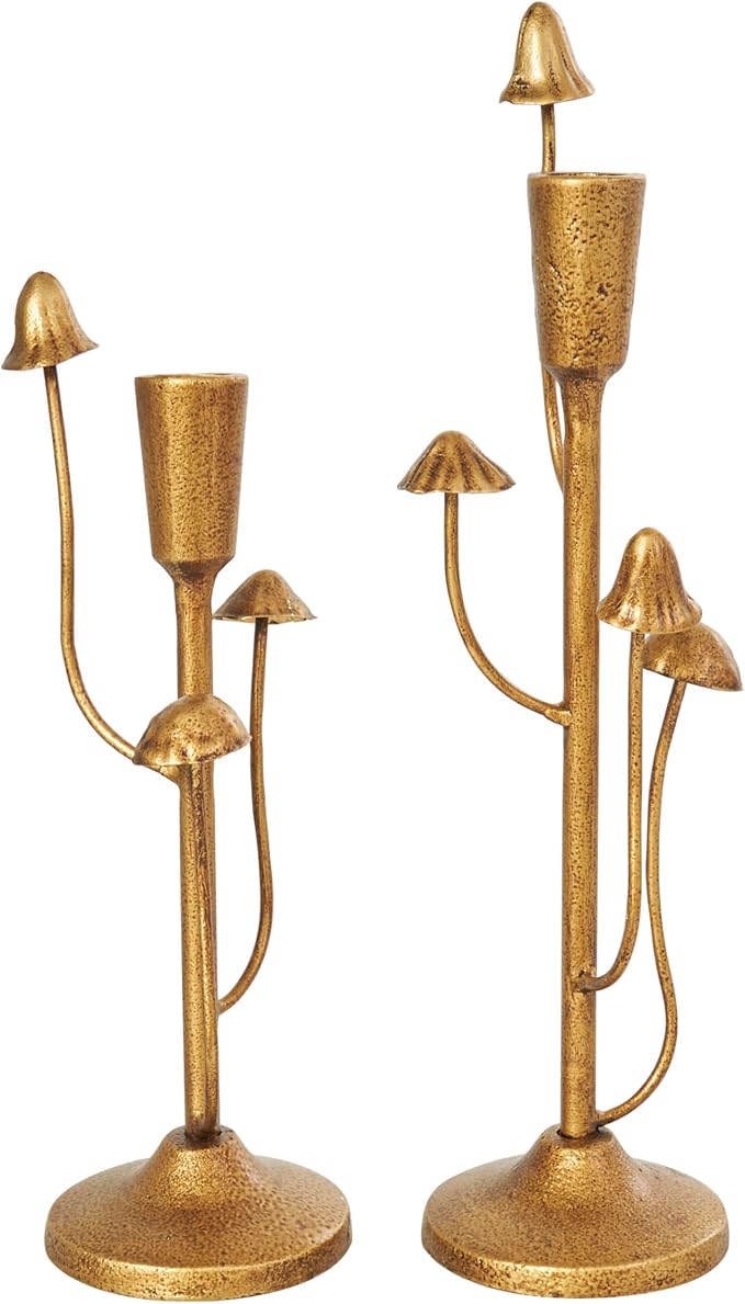 Deco 79 Metal Abstract Decorative Candle Holder Mushroom Inspired Candle Stand, Set of 2 Candlestick Holder 11", 14" H, Gold