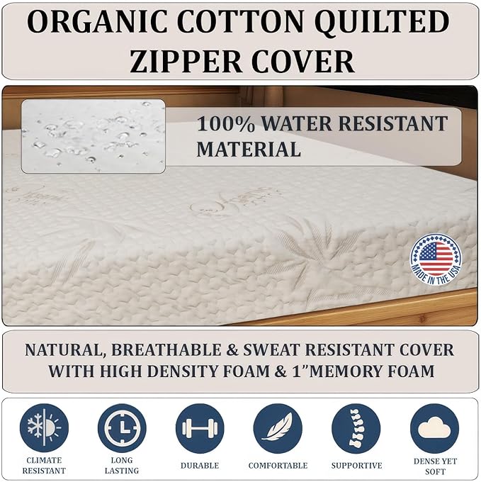 Foamma 8” x 36” x 75” Truck, Camper, RV High-Density Bunk Mattress, Organic Cotton Cover, Made in USA, Comfortable, Travel Trailer, CertiPUR-US Certified