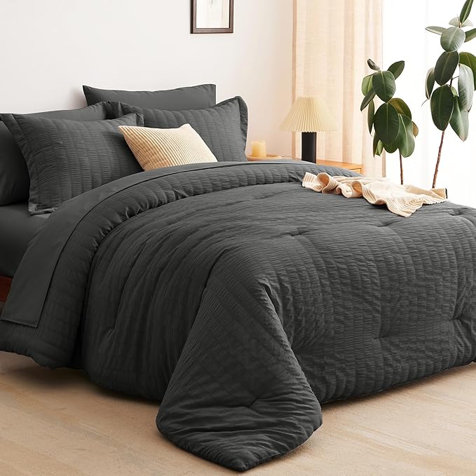 CozyLux Twin XL Comforter Set with Sheets Seersucker Dark Grey 5 Pieces Bed in a Bag, Twin Extra Long Luxury Bedding Sets for College Dorm with Down Alternative Comforter, Sheets, Pillowcases & Shams