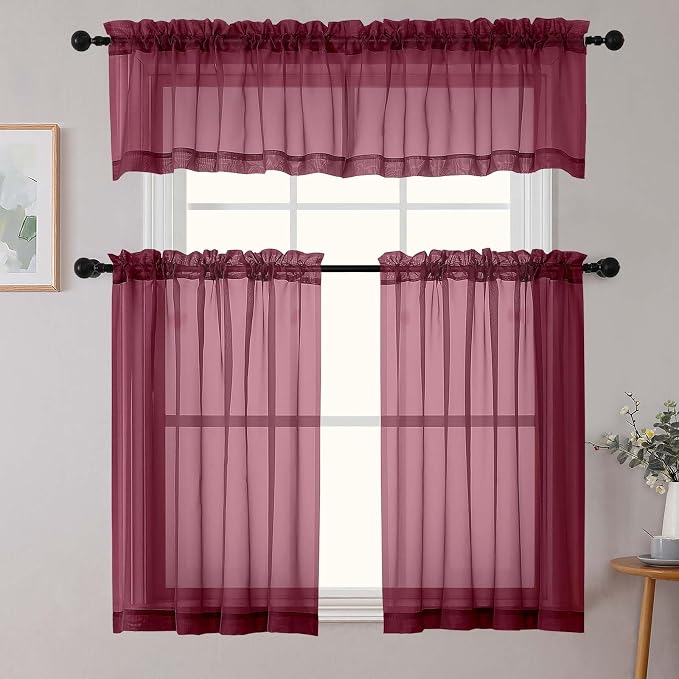 Burgundy Kitchen Curtains 30 Inch Length Tier 2 PCS, Solid Soft Airy Half - Image 7