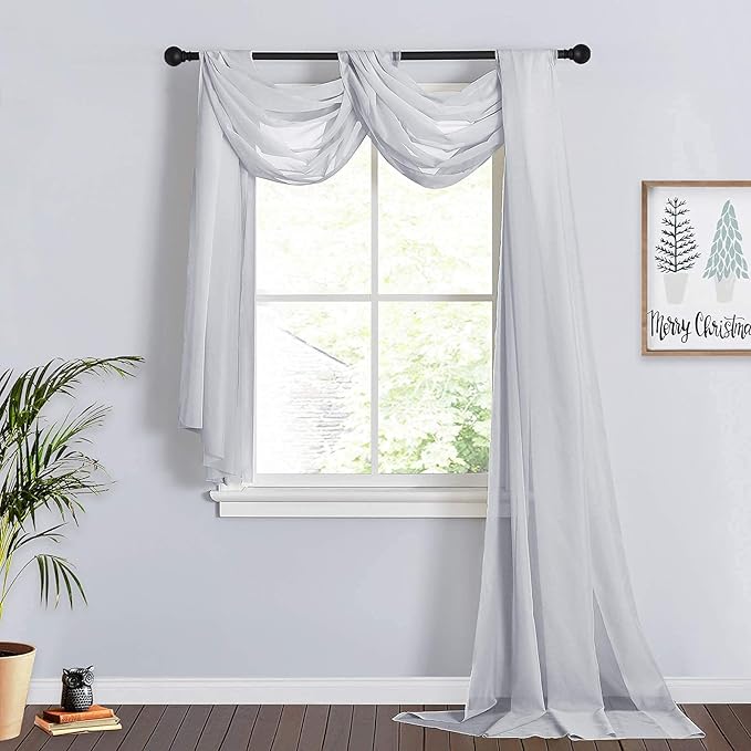 RYB HOME Sheer Curtains Valances-Bed Curtains, Kids Room Breezy Bedroom Window Valance Scarf for Canopy Frame Living Room Backdrop Table Runner,60 x 216 inch Long per Panel, 2 Panels, Dove Grey,Adult