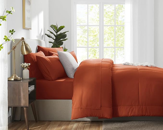 CozyLux Queen Comforter Set Terracotta, 7 Pieces Bed in a Bag, Burnt Orange Fall Comforter Queen Size, All Season Bedding Sets with Stitch Quilted Comforter, Flat Sheet, Fitted Sheet, Pillowcases