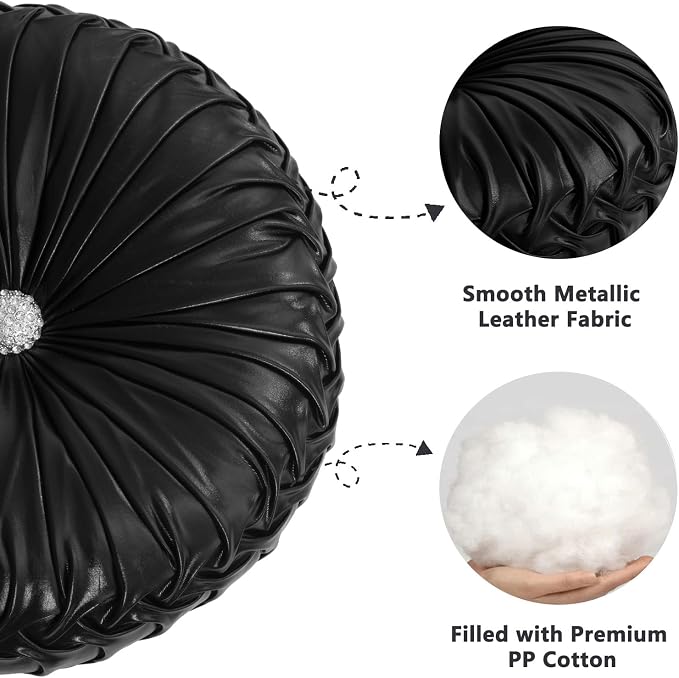 HIG Set of 2 Black Metallic Leather Decorative Round Pleated Throw Pillows | - Image 3