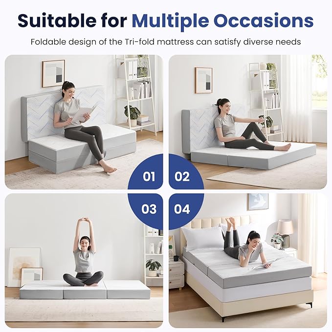 Foldable Mattress Queen 3 inch -Portable White Memory Foam Folding Matress with Washable Cover for Camping Travel Guest Room Home Use-Non-Slip&Easy Storage