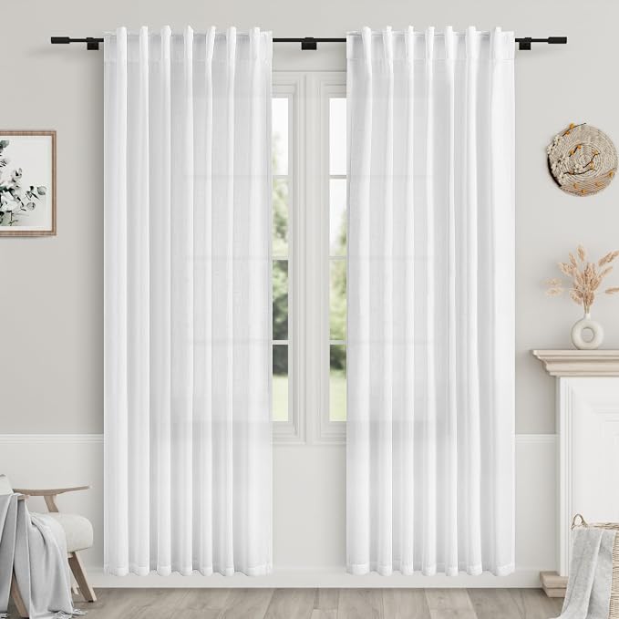 White Linen Curtains 83 Inch Length 2 Panels Set by Nanspring