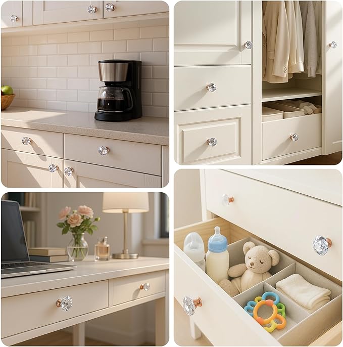 DEELF 12 Packs Kitchen Cabinet Knobs, 30 mm Crystal Cabinet Knobs, Diamond Dresser Handle Drawer Pulls, Dresser Knobs for Cabinets and Drawers, Rose Gold Base