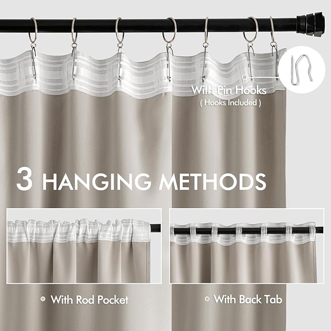 MIULEE Natural Back Tab Blackout Curtains 52x72 Inches Long 2 Panels Set | Rod - Image 3