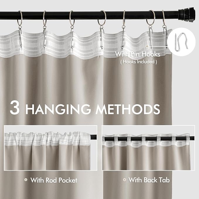 MIULEE Natural Back Tab Blackout Curtains 52x102 Inch Long 2 Panels Set | Rod - Image 3