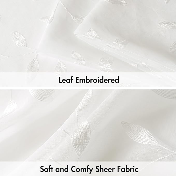 MIULEE Ivory Sheer Curtains 2 Panels Embroidered Leaf Patterned, W52 x L63 | - Image 4