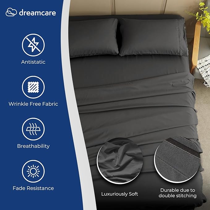 DREAMCARE Full Size Sheets - Cooling Bed Sheets - 4pcs Set - up to 15" Deep Pocket Full Sheet Set - Sheets Full Size Bed - Soft & Long Lasting 100% Fine Brushed Polyester with Side Pocket - Gray