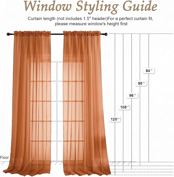 Sheer Orange Curtains 108 Inches Long 2 Panels Set, 59 Inch Extra Wide - Image 2