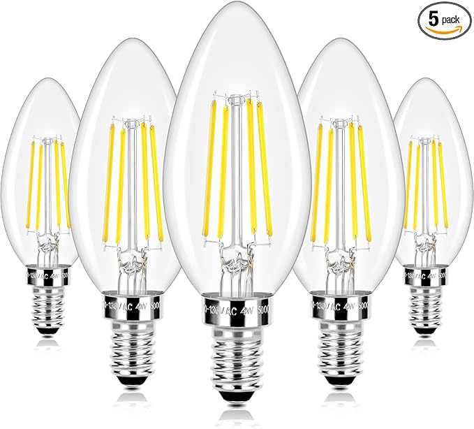 LED Candle Bulbs 40W Equivalent Dimmable, E12 Candelabra Light Bulbs 4W 470Lm Clear Edison LED Bulb, Daylight White 5000K B11 Classic Bright Filament Bulb, Decorative Lights for Lamps, Pack of 5