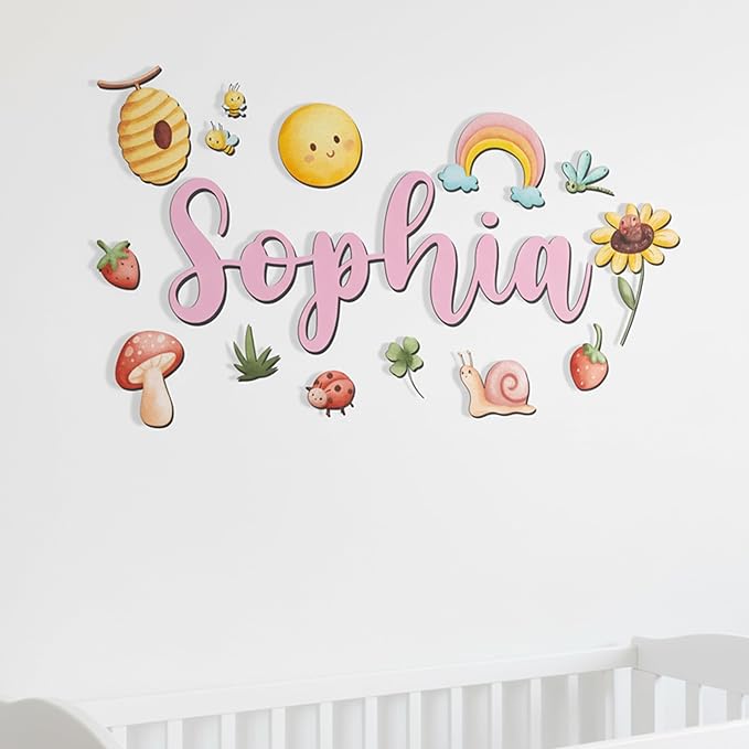 Custom Nursery Name Sign with Themed Decor Kit | Personalized Wooden Wall Art for Baby, Kids Room | Space, Jungle, Circus, Under the Sea, Woodland, Rainbow (60", Rainbow/Nature)