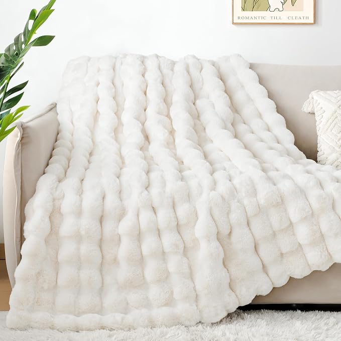 Luxury 1000GSM Rabbit Faux Fur Twin Blanket, Super Heavy Warm Cozy Beige Cream - Image 3