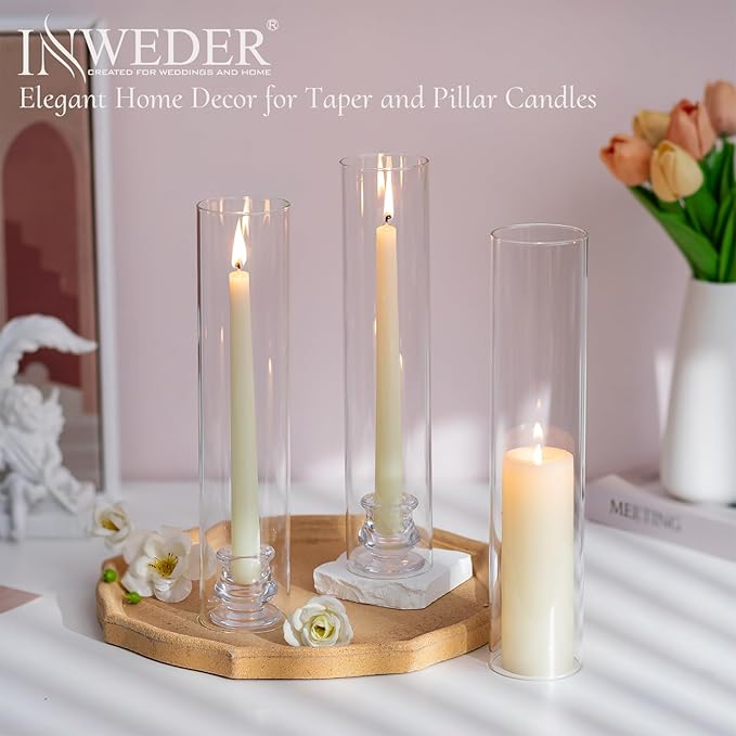 Glass Hurricane Candle Holder: 12" Tall Candlestick Holder Bulk with Cylinder Windproof Cover Set of 6 Clear Taper Candle Holders for Wedding Party Birthday Christmas Decor