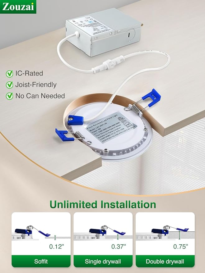 zouzai 12 Pack 4 Inch Ultra-Thin LED Recessed Ceiling Light with Junction Box, 5000K Daylight, 9W Eqv 80W, Dimmable Canless Wafer Downlight, 810LM High Brightness, ETL and Energy Star Certified