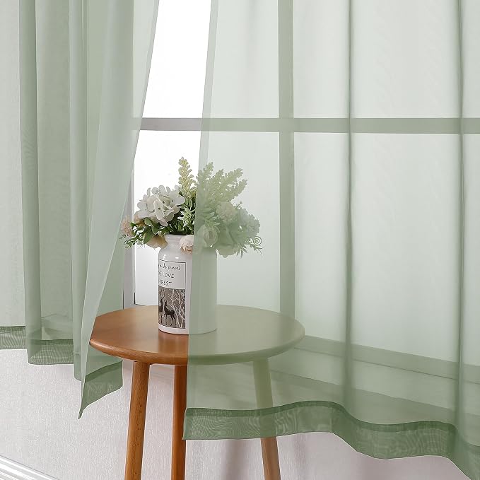Sage Green Sheer Curtains 63 Inch Long 2 Panels, Elegant Voile Drapes - Image 6