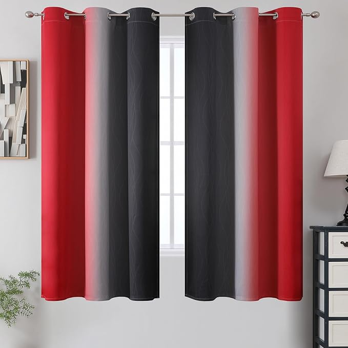 Red and Black Ombre Blackout Bedroom Curtains 63 Inch Long | Room Darkening - Image 2