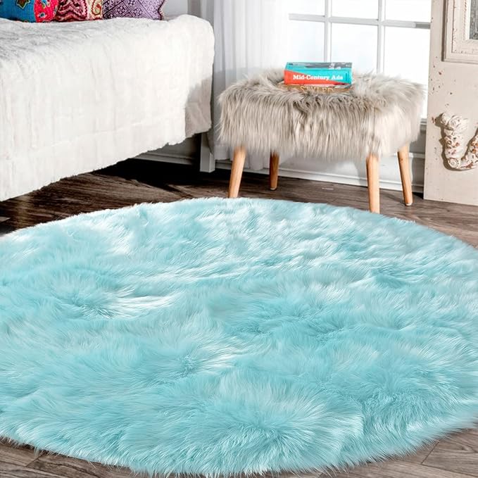 Latepis Large Faux Fur Rug Light Blue Round Rug s6.7ft Circle Fuzzy Plush Rugs - Image 2