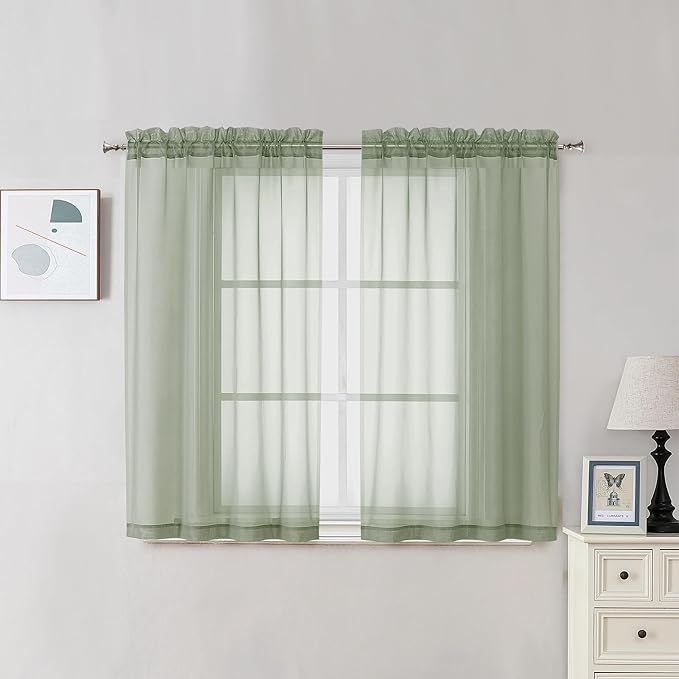 2 Panels Window Sage Green Sheer Curtains 42" x 45" Inches by OVZME