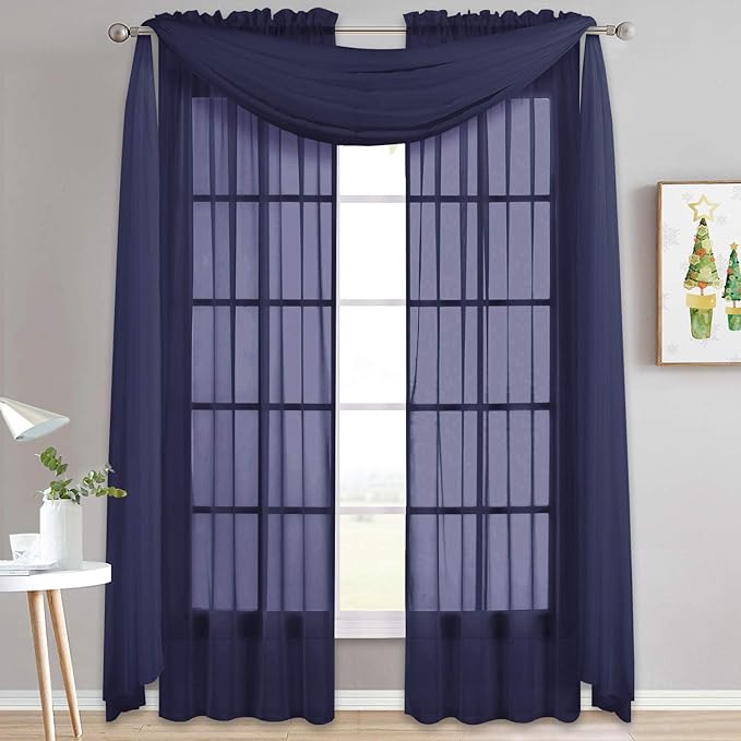 NICETOWN Scarf Sheer Curtain 216 Length - Window Topper Valance Voile Panel Classic for Sons/Boys/Seniors Room (60 Wide by 216 Long inches, 1 Piece, Dark Blue)