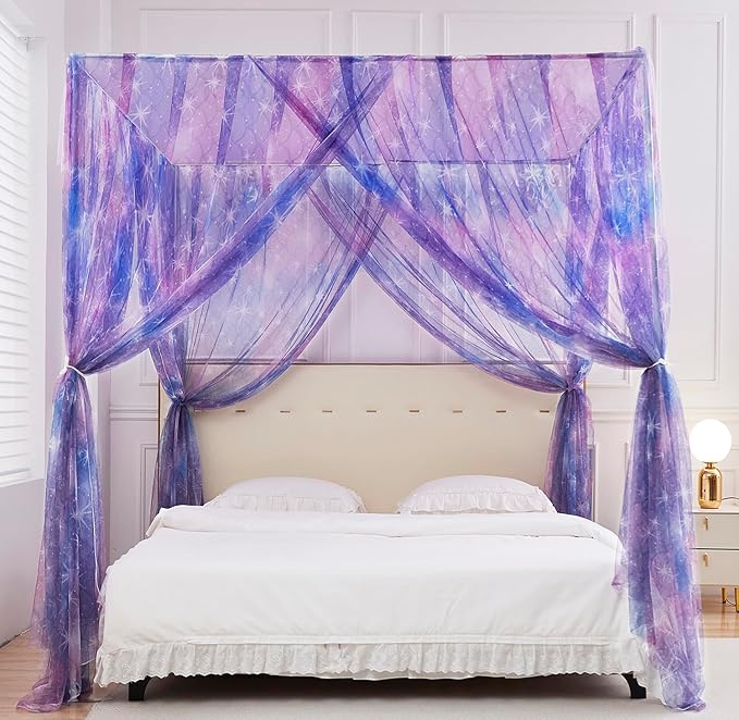 Mengersi Tie Dye Canopy Bed Curtains with Lights,Gradient Ombre Bed Canopy for Girls,Princess Bed Drapes for Girls Room Decor(Queen,Purple)