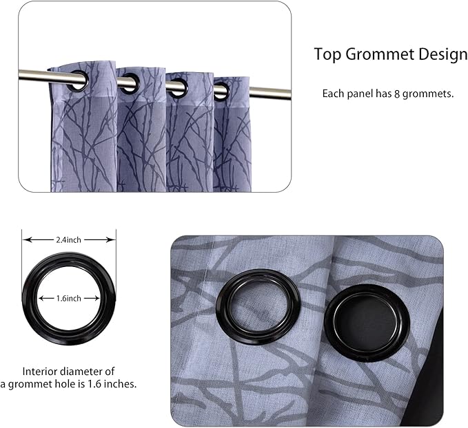 BONZER Mix and Match Curtains - 2 Pieces Branch Print Sheer Curtains and 2 Pieces Blackout Curtains for Bedroom Living Room Grommet Window Drapes, 54x95 Inch/Panel, Grey Dark, Set of 4 Panels