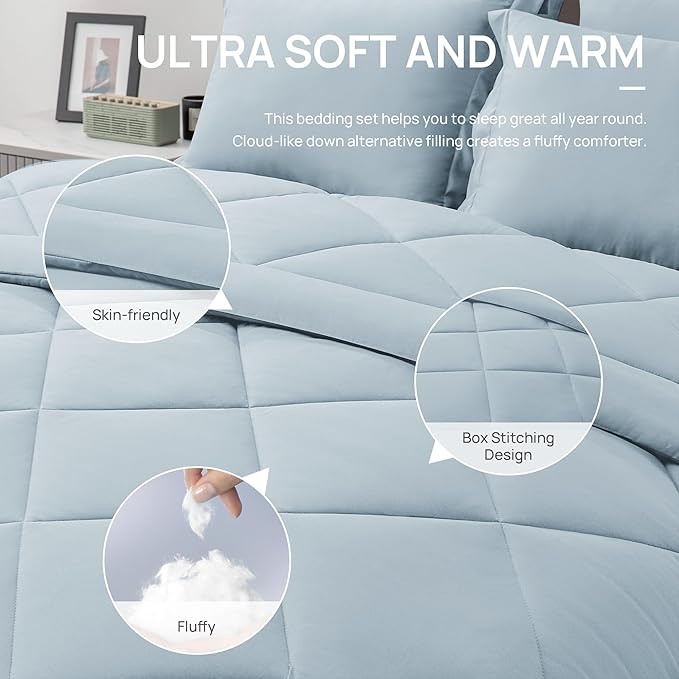 Love's cabin King Size Comforter Set Light Blue, 7 Pieces King Bed in a Bag, All Season Bedding Sets with 1 Comforter, 1 Flat Sheet, 1 Fitted Sheet, 2 Pillowcase and 2 Pillow Sham