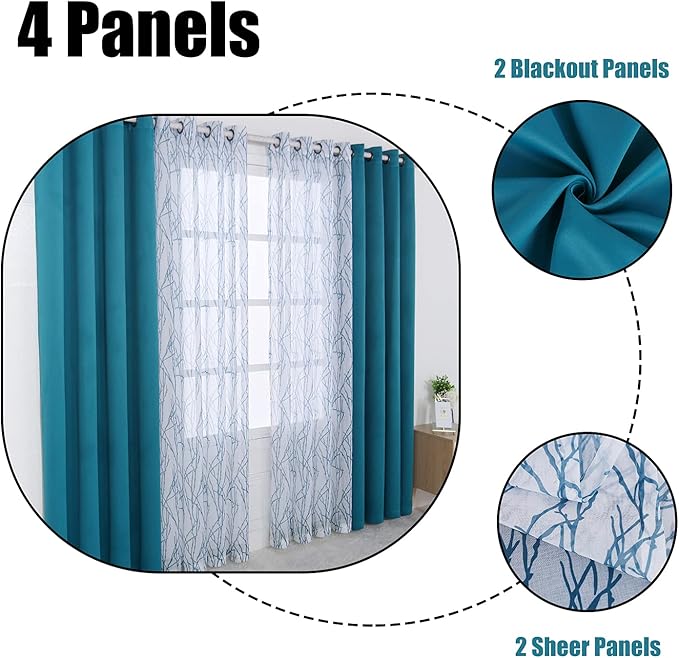 BONZER Mix and Match Curtains - 2 Pieces Branch Print Sheer Curtains and 2 Pieces Blackout Curtains for Bedroom Living Room Grommet Window Drapes, 37x84 Inch/Panel, Teal, Set of 4 Panels