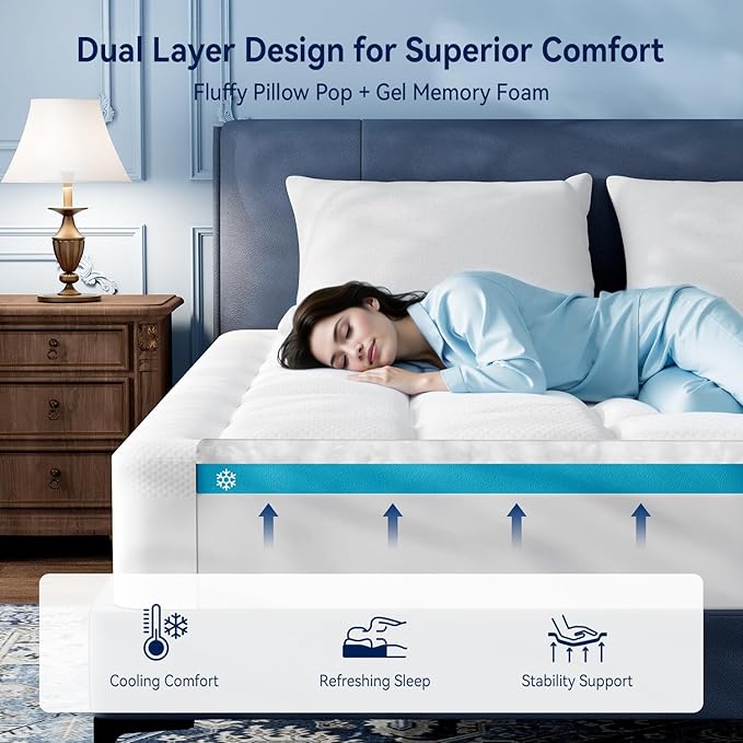 ELEMUSE Full Size Dual Layer 3 Inch Memory Foam Mattress Topper, 2 Inch Cooling High Density Memory Foam Bed Pad and 1 Inch Plush Feel Pillow Top Mattress Topper Cover for Back Pain Relief