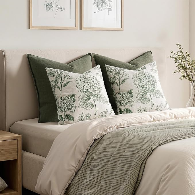 Set of 2 Decorative Floral Pillow Covers 20x20 Inch Dark Green | Neutral - Image 6