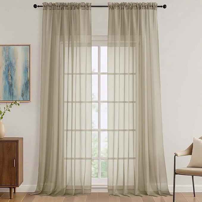 Sheer Taupe Curtains 108 Inches Long 2 Panels Set, 59 Inch Extra Wide by OVZME