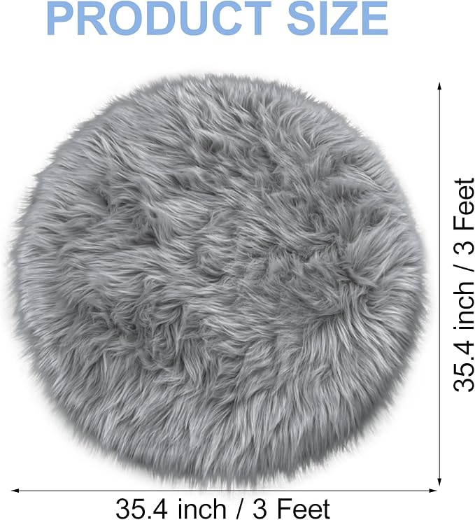 Faux Fur Grey Round Rugs 3ft for Bedroom, Small Fluffy Fuzzy Circle Rug Furry - Image 2