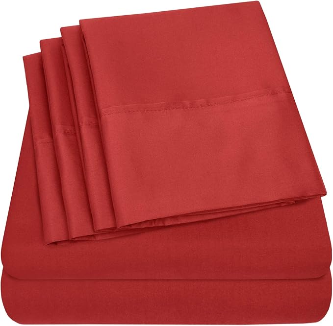 Sweet Home Collection 6 Piece 1500 Supreme Collection Brushed Microfiber Deep Pocket Sheet Set-2 Extra Pillow Cases, Great Value, Rv Short Queen, Samba Red